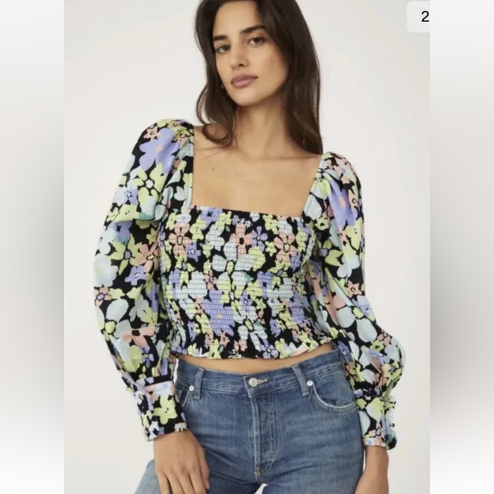 Free People floral puff sleeve smocked long sleeve crop top